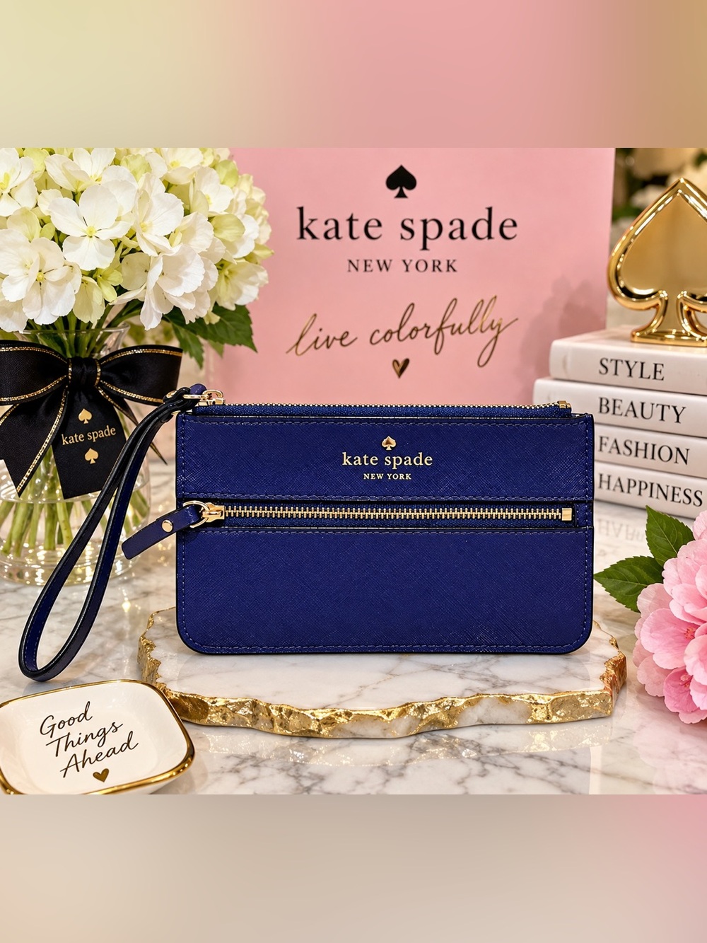 Kate Spade New York “Mikas Pond Bee” Slim Wristlet Pouch – Emperor Blue